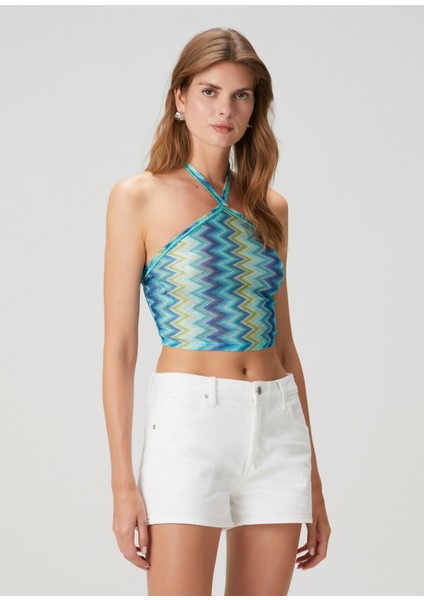 Yeşil Mavi Zikzak Desenli Crop Bluz