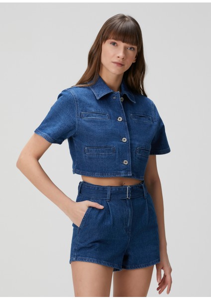 Lacivert Kısa Kollu Cropped Denim Gömlek