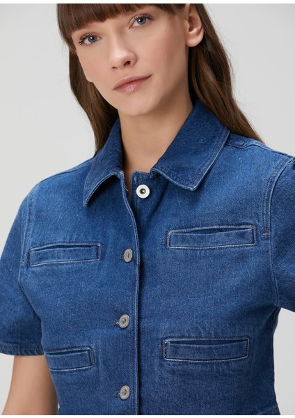 Lacivert Kısa Kollu Cropped Denim Gömlek fiyatları