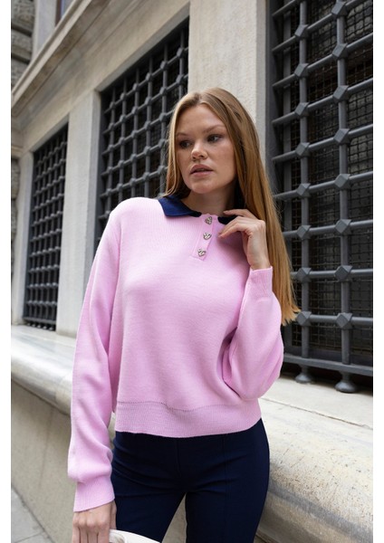 Kadın Polo Yaka Düğme Detaylı Triko Kazak Pembe - 25K 2546