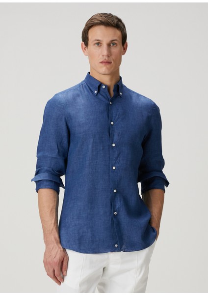 Koyu Mavi Keten Gömlek