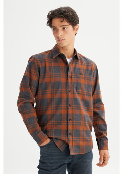 %100 Pamuk Regular Fit Normal Kesim Klasik Yaka Cepli Ekose Gömlek