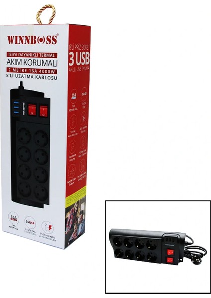 Termal Akım Korumalı 16A 8li Priz 3xusb 2mt Anahtarlı Uzatma Kablo Siyah (4887)