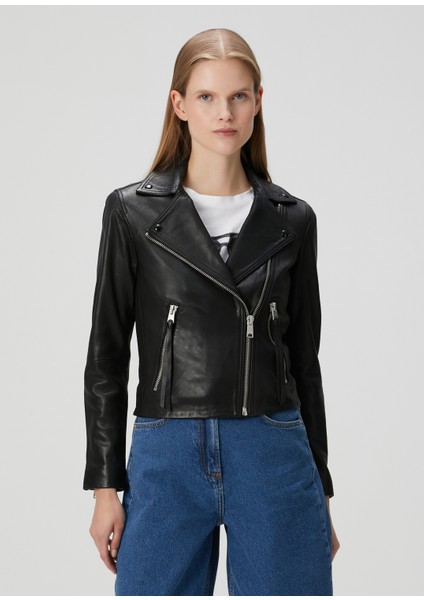 Dalby Slim Fit Siyah Deri Biker Ceket