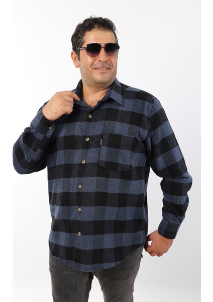 Büyük Beden Siyah-Indigo Ekose Polar Oduncu Erkek Gömlek (BTL-7117-TSS)