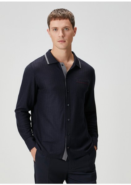 Lacivert Polo Yaka Çizgi Desenli Yün Sweatshirt