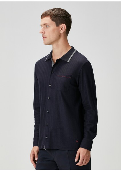 Lacivert Polo Yaka Çizgi Desenli Yün Sweatshirt modelleri