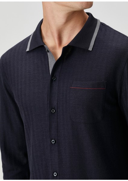 Lacivert Polo Yaka Çizgi Desenli Yün Sweatshirt indirimleri