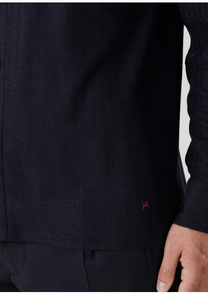 Lacivert Polo Yaka Çizgi Desenli Yün Sweatshirt