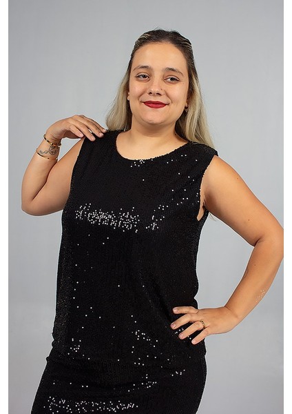 Büyük Beden Pul Payet Astarlı Bluz Siyah Şık ve Işıltılı modelleri