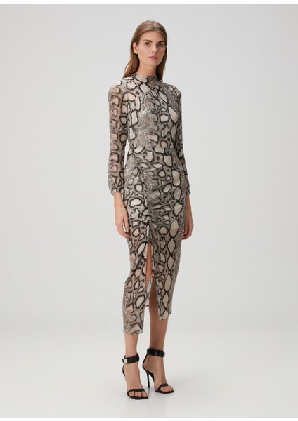 Rizo Ekru Yılan Desenli Midi Elbise modelleri