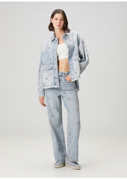 Blake Mavi Işlemeli Wide Leg Jean Pantolon