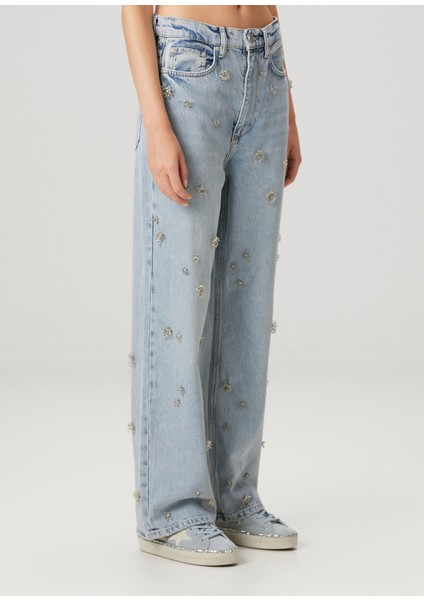 Blake Mavi Işlemeli Wide Leg Jean Pantolon fiyatları