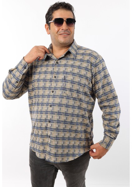 Büyük Beden Lacivert-Bej Ekose Yünlü Flanel Erkek Gömlek (BTL-7110-TSS)