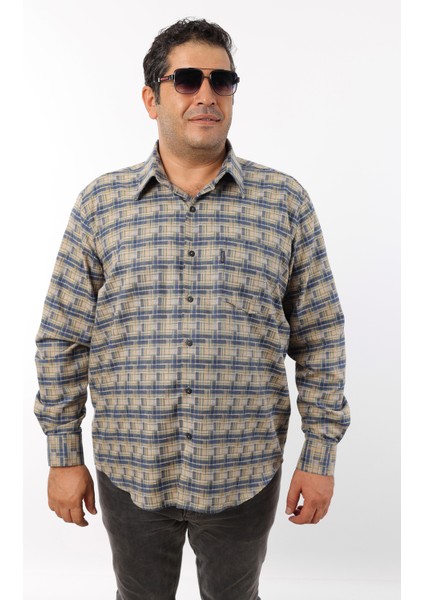 Büyük Beden Lacivert-Bej Ekose Yünlü Flanel Erkek Gömlek (BTL-7110-TSS) indirimleri
