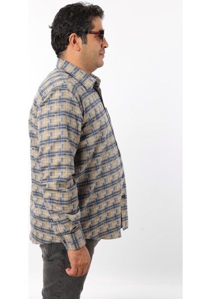 Büyük Beden Lacivert-Bej Ekose Yünlü Flanel Erkek Gömlek (BTL-7110-TSS)