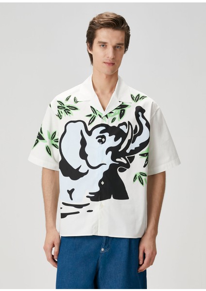 Jungle Elephant Beyaz Figür Desenli Hawaii Gömlek