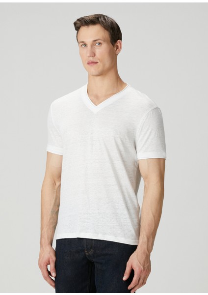 Slim Fit Wooster Beyaz V Yaka Keten T-Shirt modelleri