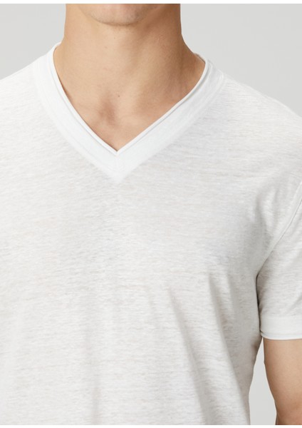 Slim Fit Wooster Beyaz V Yaka Keten T-Shirt indirimleri