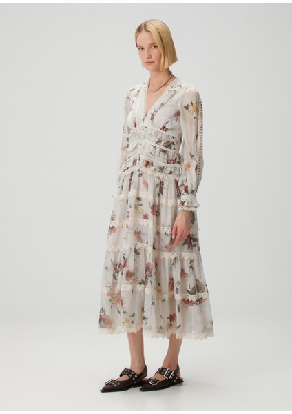 Zora Beyaz Çiçekli Midi Elbise
