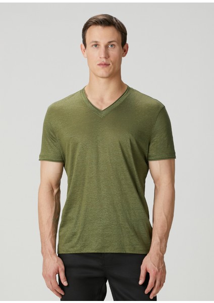 Slim Fit Wooster Yeşil V Yaka Keten T-Shirt