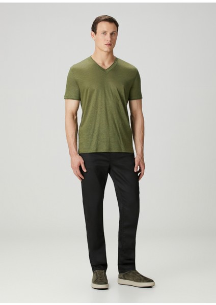 Slim Fit Wooster Yeşil V Yaka Keten T-Shirt fiyatları