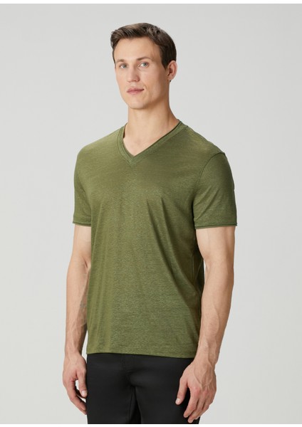 Slim Fit Wooster Yeşil V Yaka Keten T-Shirt modelleri