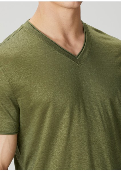 Slim Fit Wooster Yeşil V Yaka Keten T-Shirt indirimleri