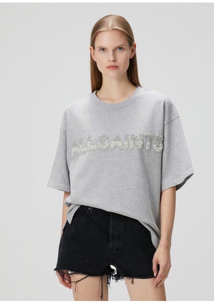 Amelie Oversized Gri Işlemeli T-Shirt