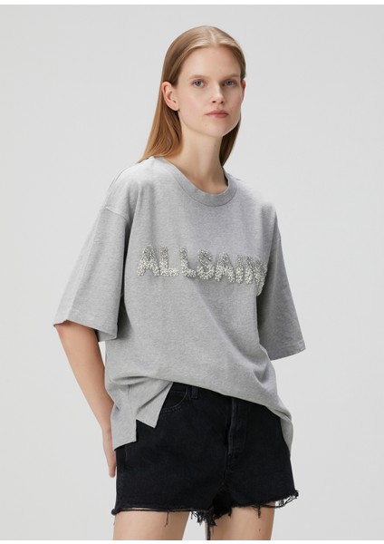 Amelie Oversized Gri Işlemeli T-Shirt modelleri