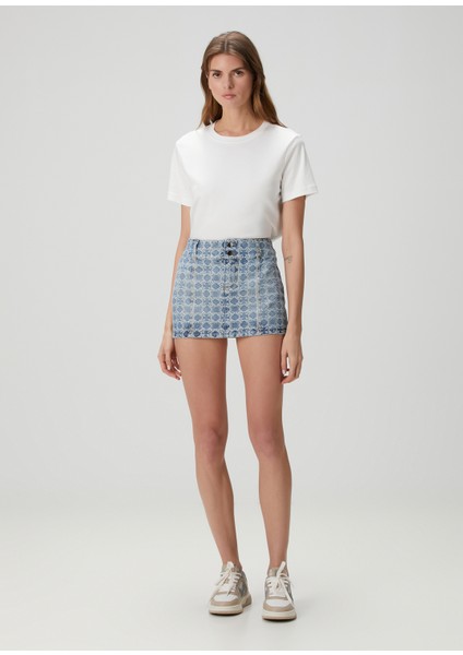 Mavi Desenli Mini Denim Etek