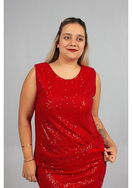 Büyük Beden Astarlı Pul Payet Kırmızı Beden Işıltılı ve Şık Bluz
