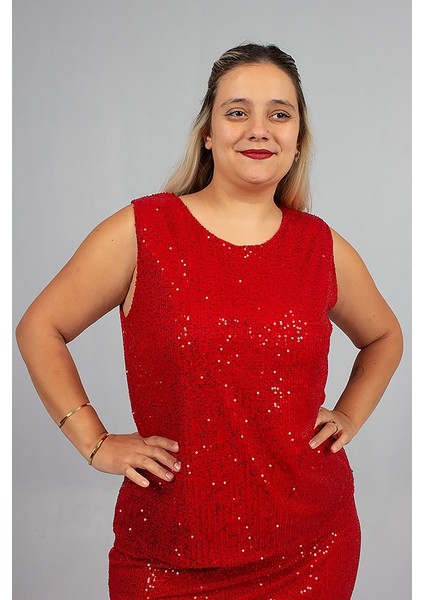 Büyük Beden Astarlı Pul Payet Kırmızı Beden Işıltılı ve Şık Bluz modelleri