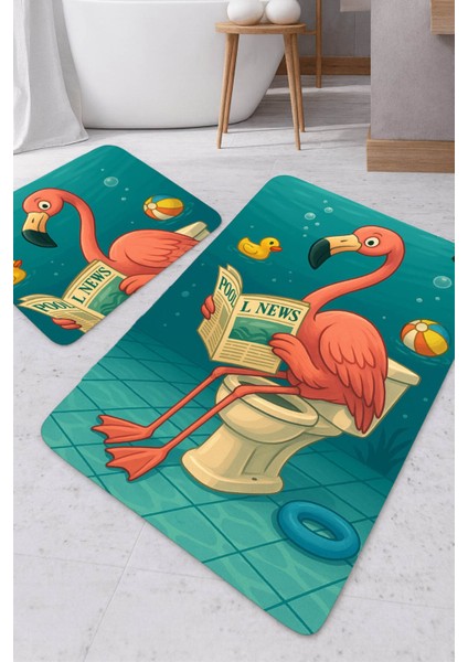 |banyo ve Tuvalet Paspası Gazete Okuyan Flamingoı Motifi Modern Tasarım|paspas