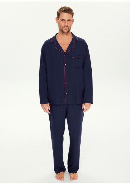 Indigo Lacivert Ekstra Yumuşak Viskon Biyeli Erkek Pijama Takımı modelleri
