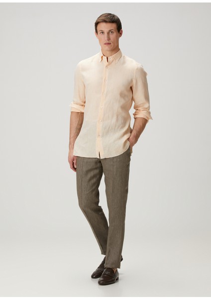 Koyu Bej Beli Kordonlu Keten Pantolon