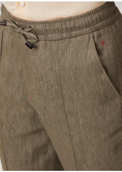 Koyu Bej Beli Kordonlu Keten Pantolon fırsatları