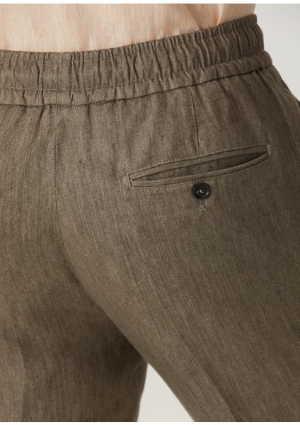 Koyu Bej Beli Kordonlu Keten Pantolon indirimleri