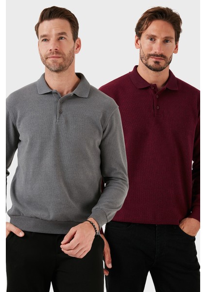 Pamuk Karışımlı Regular Fit 2'li Paket Polo Yaka Kazak Erkek Polo Yaka Kazak 456223S2