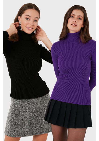 Fitilli Regular Fit Balıkçı Yaka Soft Akrilik 2'li Paket Kazak Bayan Kazak 4614102S2