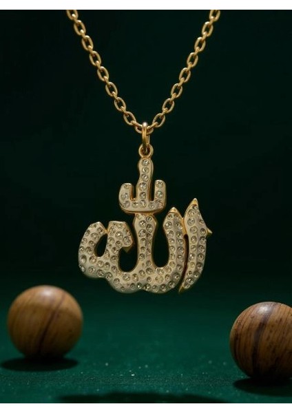 Allahlı Kolye - Yalın – Çelik Altın Kaplama, Manevi Koruyucu Takı