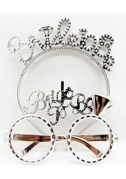 Bride To Be Yazılı Taç ve Bride To Be Yazılı Gözlük Seti Gümüş Renk (4887)