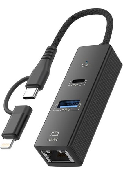 3in1 Usb-C ve Usb-A Ethernet Adaptörü | 100MBPS Ağ Bağlantı Hızı, 3 Portlu Alüminyum Hub, Wlan Ağ Genişletici, USB Flash Bellek, Fare, Klavye ve Kulaklık Desteği | LC-31L