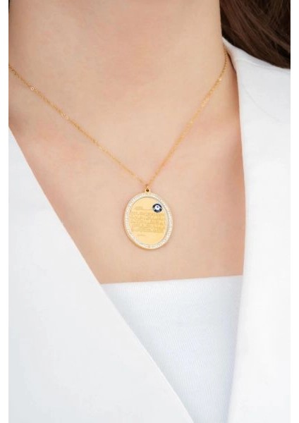 Nazar Boncuklu Kolye -Ayetel Kürsi – Çelik Altın Kaplama, Manevi Koruyucu Takı fırsatları