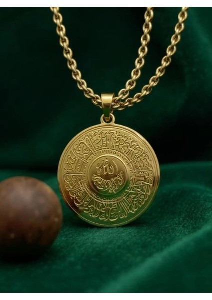 Ayetel Kürsi Allah Yazılı Kolye – Çelik Altın Kaplama, Manevi Koruyucu Takı