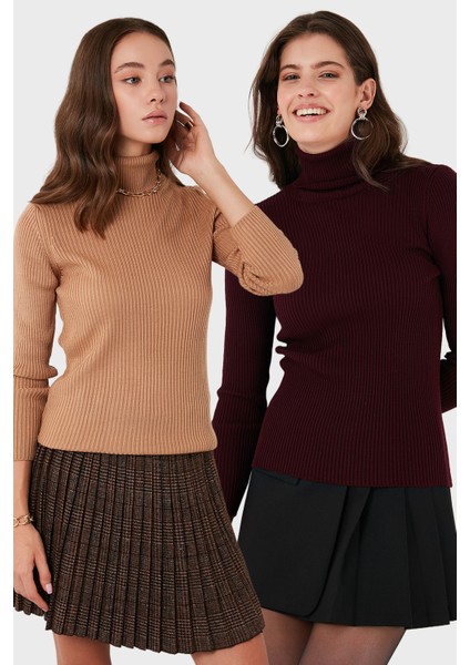 Fitilli Regular Fit Balıkçı Yaka Soft Akrilik 2'li Paket Kazak Bayan Kazak 4614102S2