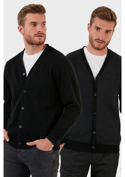 Pamuklu Regular Fit Düğmeli V Yaka 2'li Paket Hırka Erkek Hırka 456205S2