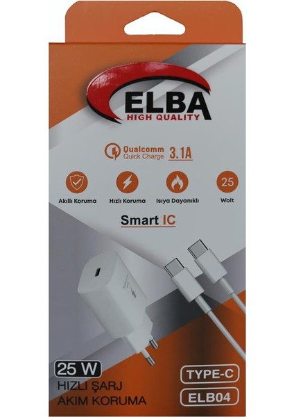ELB04-PD-25WTypc Beyaz 25W Typc-e Ev Şarj Kafa+1mt Type-c To Type-c Kablo 3.1 Hızlı Şarj modelleri