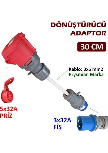 5X32A Priz(Kapaklı), 3X32A Fiş Dönüştürücü Adaptör. 3x6 Kablo Kalınlığı, Kablo Prysmian Marka fiyatları