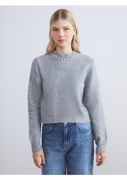 Yeni Sezon Bisiklet Yaka Taşlı Kadın Triko Kazak